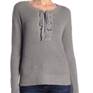 J.O.A. grey ribbed chunky knit lace tie up sweater